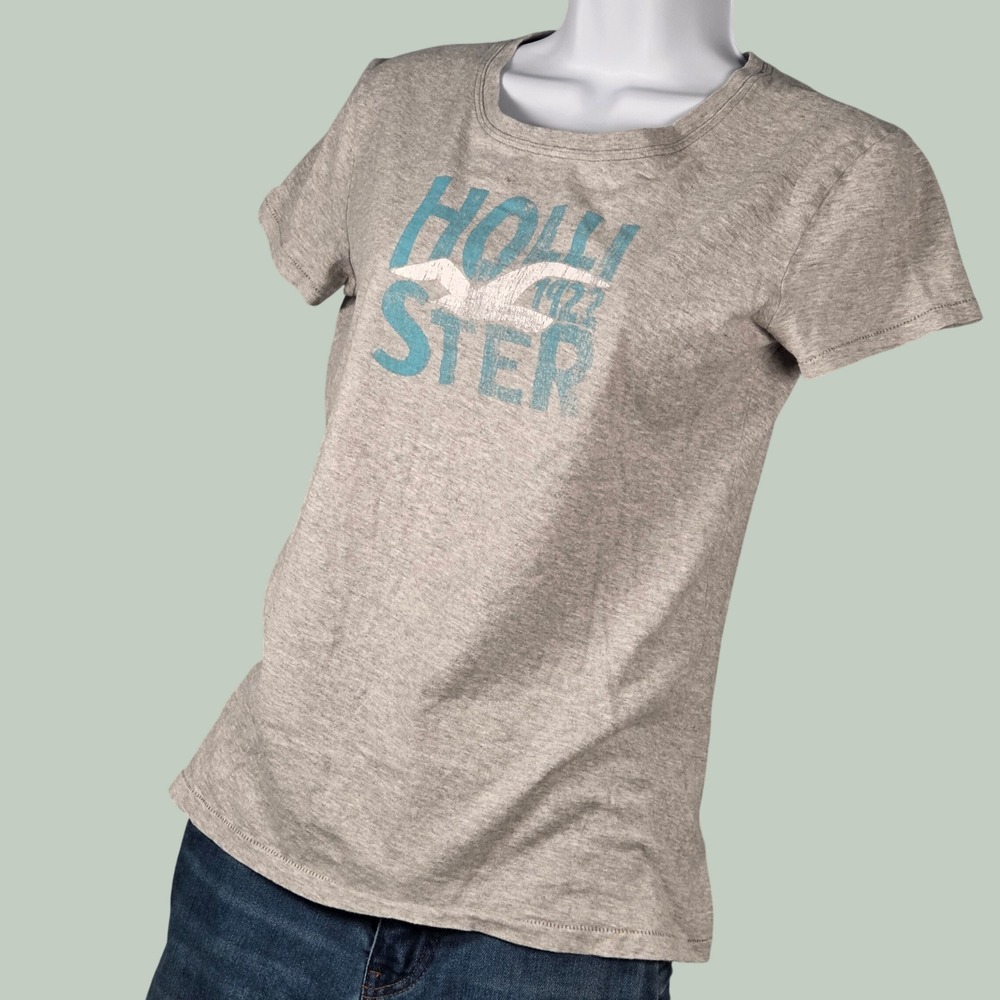 VTG Y2K Hollister Women Large Short Sleeve Graphic Logo TShirt Gray Spell Out